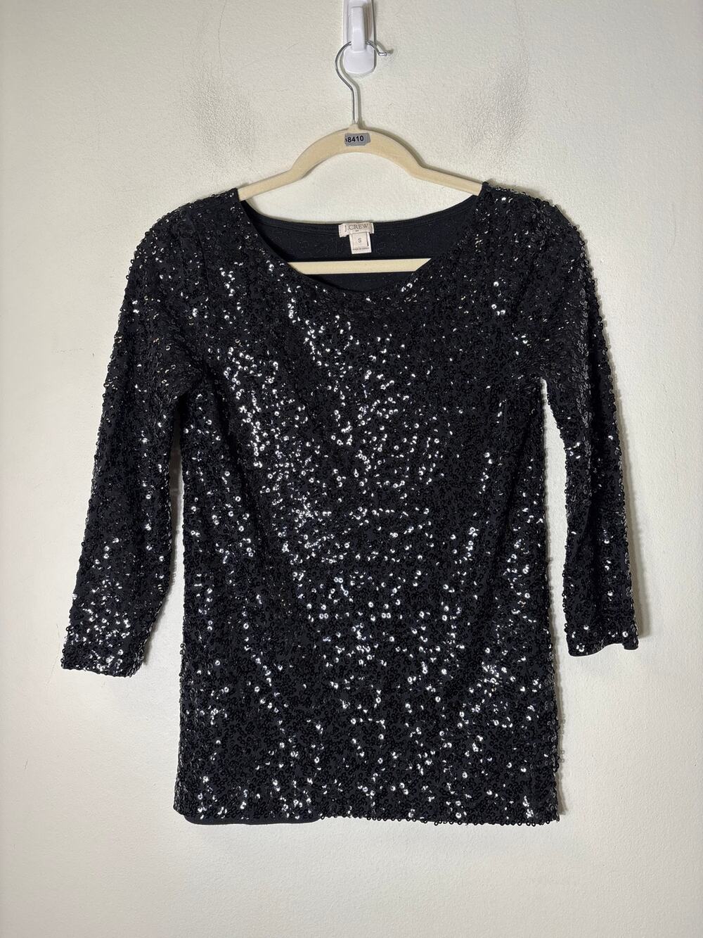J. Crew Black Long Sleeve Sequin Wide Neck Shirt Sz S
